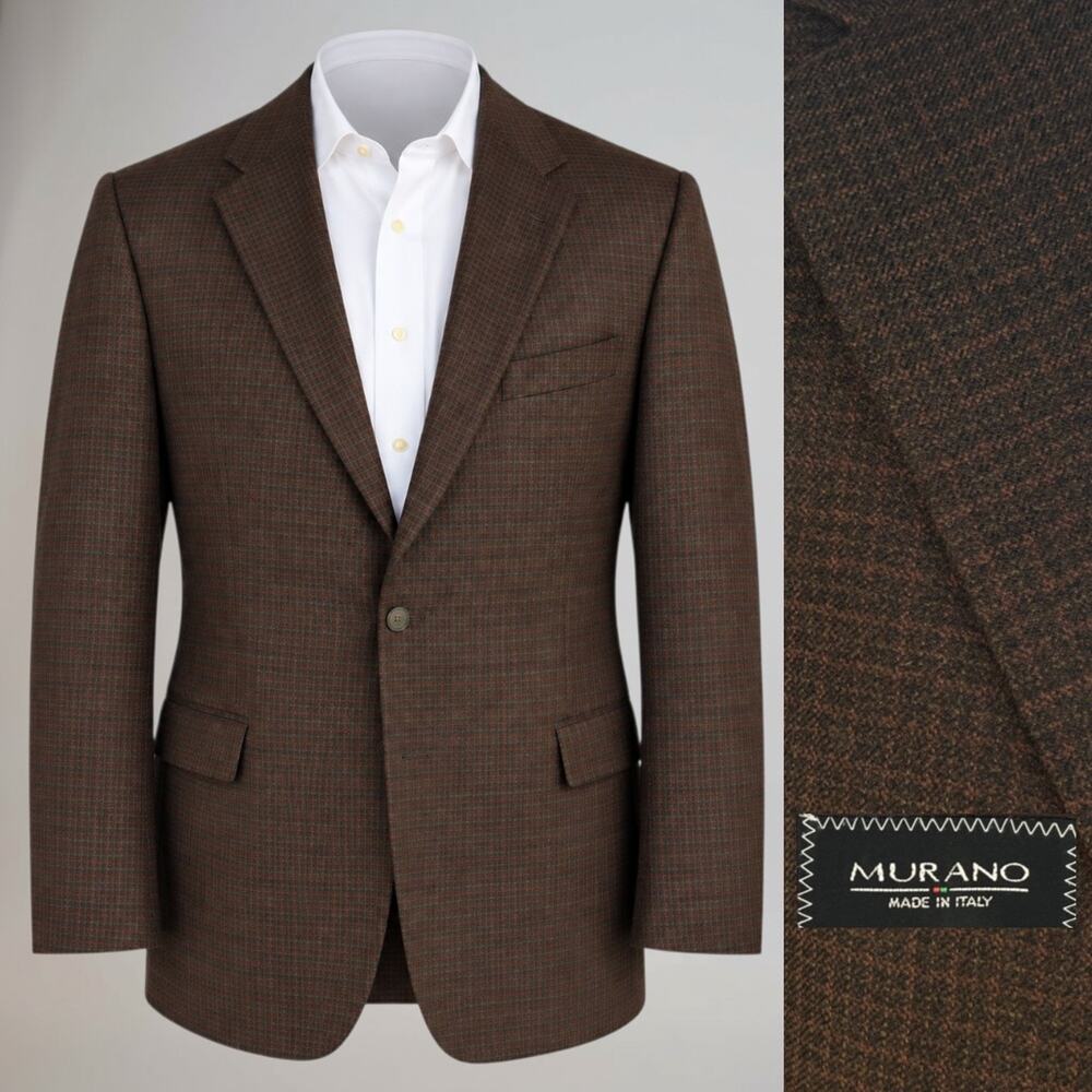 Murano Italy Wool Cashmere Sport Coat 44R Tobacco Brown Heathered Check Plaid
